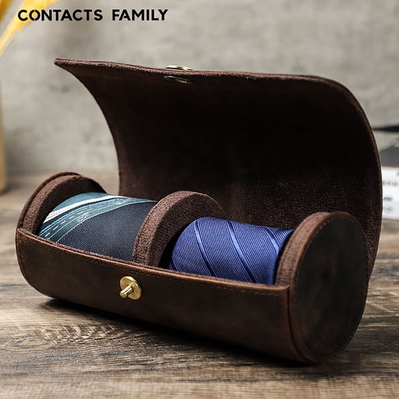 Mens Leather Necktie Travel Case Cowhide Holder for 2 Ties with Magnetic Closure & Free Custom Engraving, Vintage Brown