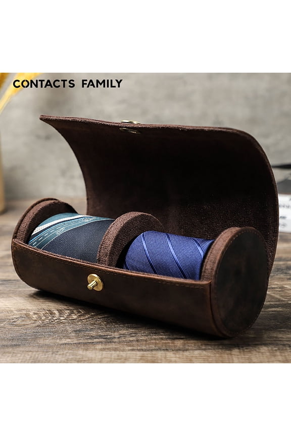 Mens Leather Necktie Travel Case Cowhide Holder for 2 Ties with Magnetic Closure & Free Custom Engraving, Vintage Brown