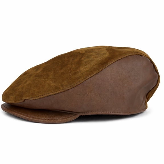 Real Sheepskin Suede Leather Newsboy Cabbie Flat Hat, Cognac, M-L  Brown