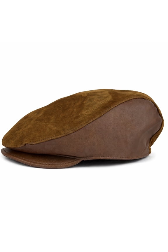Real Sheepskin Suede Leather Newsboy Cabbie Flat Hat, Cognac, M-L Brown