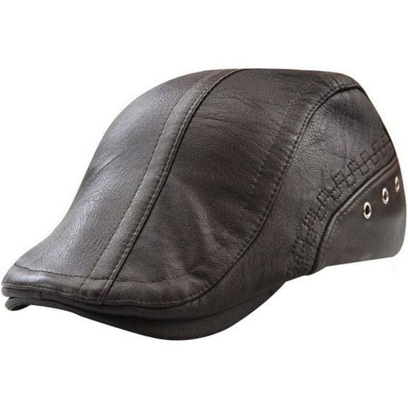 Men's Leather Newsboy Cap Ivy Gatsby Flat Golf Driving Hunting Hat Dark Coffee