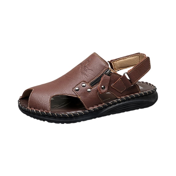 Men's Leather Outdoor Hiking Beach Sandals Round Closed Toe with Adjustable Strap Zipper Shoes Ultra Lightweight Outdoor Casual Walking Slippers,Brown 47(US-11.5)
