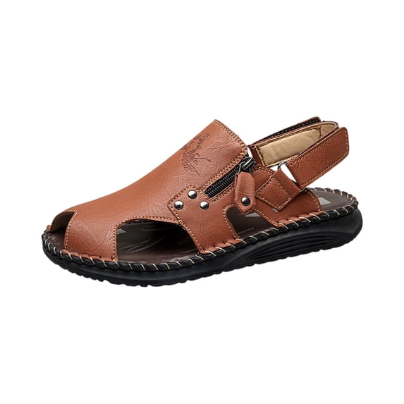 Men's Leather Outdoor Hiking Sandals Closed Round Toe with Adjustable Strap Zipper Non Slip Fisherman Sandals Hand Stitching Soft Anti-Slip Breathable Driving Hiking Sport Shoes,Light Brown 37(US-6)