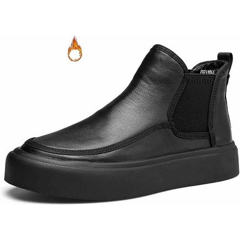 Men's Leather Platform Chelsea Boots Round Toe Comfortable Fur