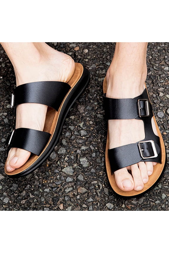 Men's Leather Platform Orthotic Slides Sandals Open Toe Arch Support Hollow Slip On Slippers Summer Lightweight Slip Soft Bottom Casual Walking Beach Sandals