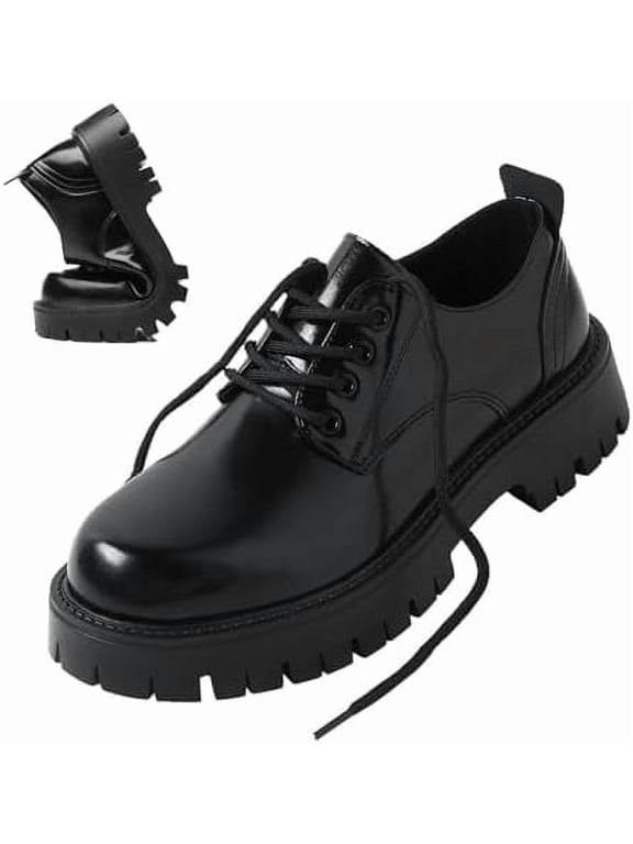 Men’s Leather Platform Oxfords, Lace-Up Round Toe Dress Shoes with Chunky Lug Sole, Heightening Soft-Flex Derby Shoes for Work Office Business Casual Wear