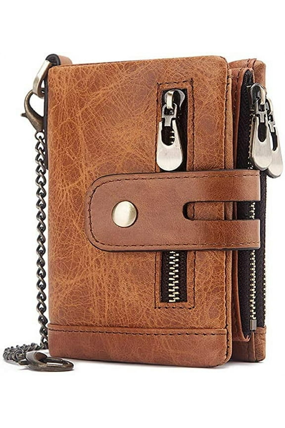 Men's Leather RFID Blocking Trifold Wallets, Double Zipper Wallet with Anti-Theft Chain Wallets