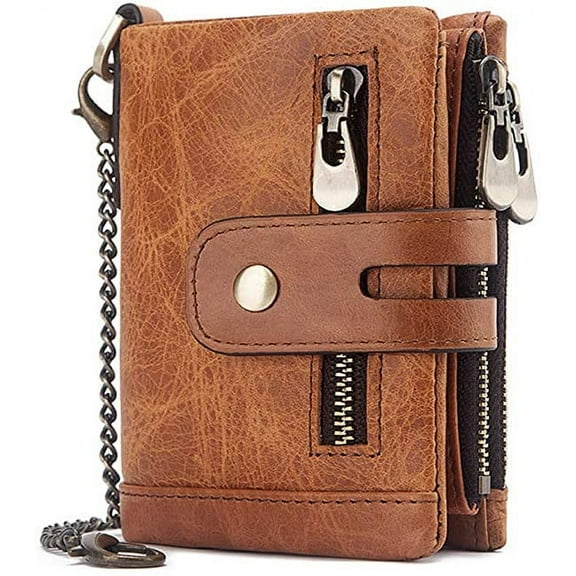 Men's Leather RFID Blocking Trifold Wallets, Double Zipper Wallet with Anti-Theft Chain Wallets