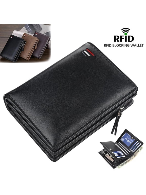 Men's Leather RFID Blocking Wallet with Zipper - Credit Card Holder & ID Purse. (Black)