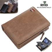 Men's Leather RFID Blocking Wallet with Zipper - Credit Card Holder & ID Purse. (Khaki)