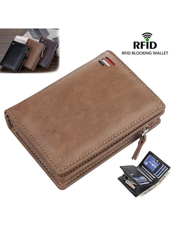Men's Leather RFID Blocking Wallet with Zipper - Credit Card Holder & ID Purse. (Khaki)