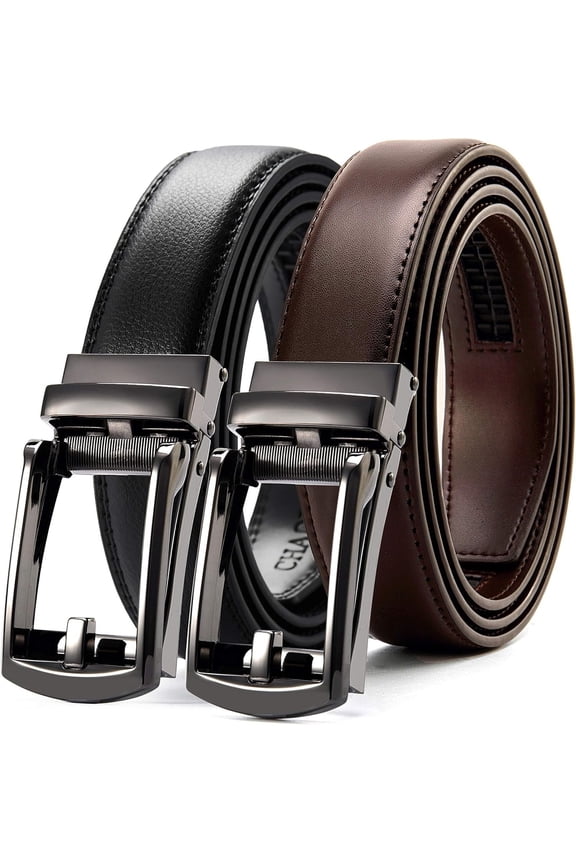Men's Leather Ratchet Belt  of Two - Black, One Size - Adjustable, Scratch Resistant, Luxury Packaging