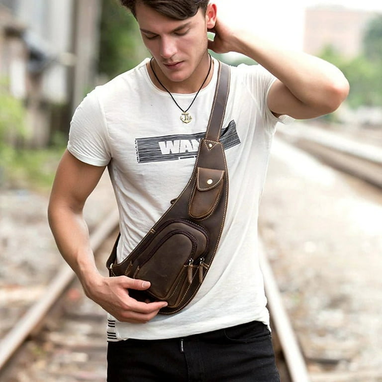 Men s Leather Sling Bag Genuine Natural Leather Chest Pack with Multiple Pockets Adjustable Strap Stylish and Lightweight Crossbody for Phone Wallet and Essentials 6.3 x11.8 x2.4 Walmart