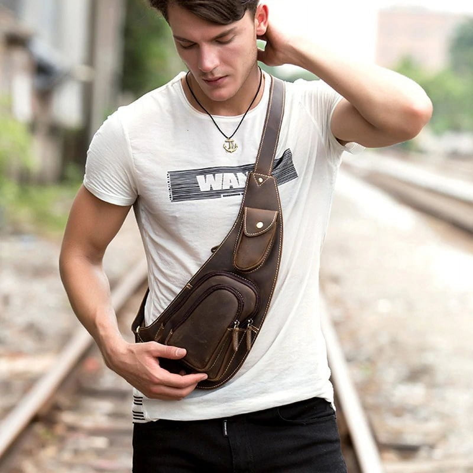 Men's Leather Sling Bag - Genuine Natural Leather Chest Pack with Multiple Pockets, Adjustable Strap - Stylish and Lightweight Crossbody for Phone, Wallet, and Essentials - 6.3"x11.8"x2.4"