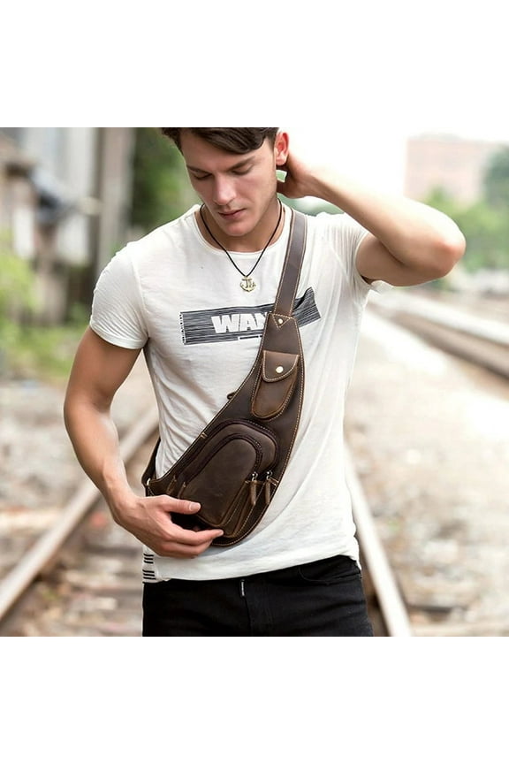 Men's Leather Sling Bag - Genuine Natural Leather Chest Pack with Multiple Pockets, Adjustable Strap - Stylish and Lightweight Crossbody for Phone, Wallet, and Essentials - 6.3"x11.8"x2.4"