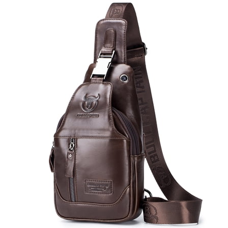 Men's Leather Sling Bag Waterproof Crossbody Pack Chest Shoulder Backpack for Hiking Cycling Mountaineering Travelling