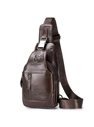 BULLCAPTAIN Leather Men Sling Bags Travel Crossbody Chest Bag Hiking  Daypack with USB Charging Port Multi-Pocket