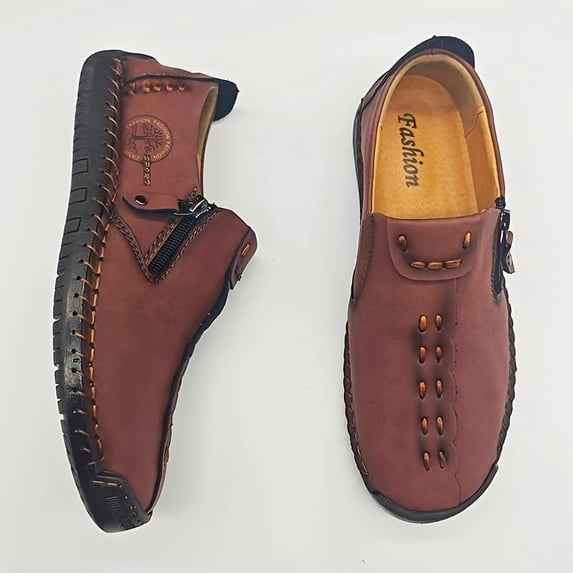 Men's Leather Slip-On Loafers, Casual Comfortable Shoes with Side Zipper and Hand-Stitched Sole for Outdoor and Everyday Wear