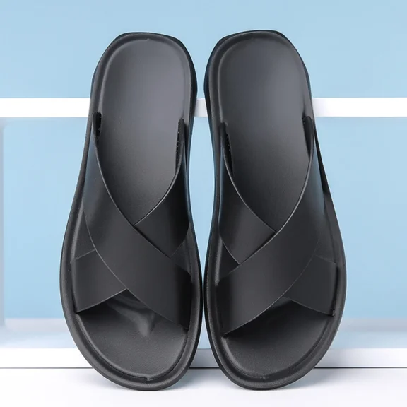 Men's Leather Slip On Slides Sandals Comfortable Lightweight Open Toe Anti-Slip Flat Summer Casual Slippers Indoor Outdoor Walking Beach Sandals