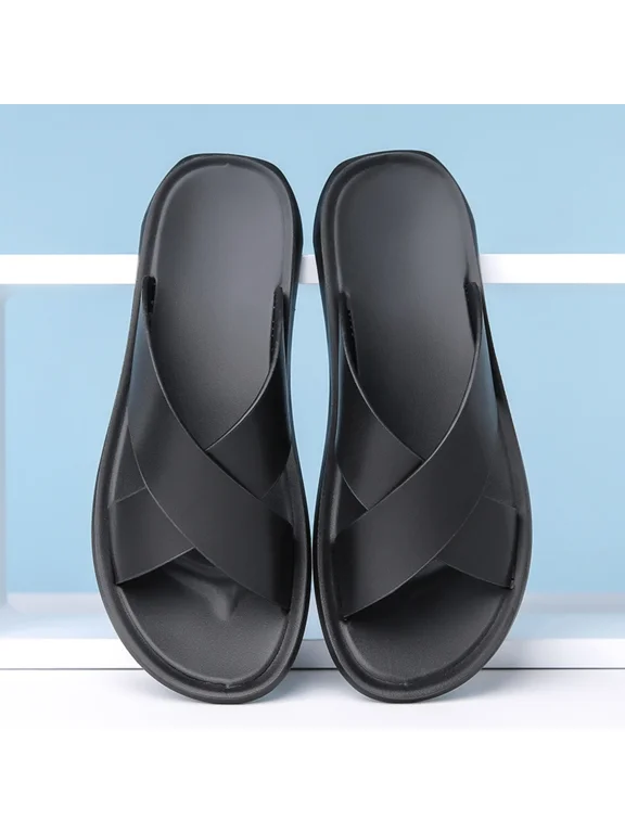 Men's Leather Slip On Slides Sandals Comfortable Lightweight Open Toe Anti-Slip Flat Summer Casual Slippers Indoor Outdoor Walking Beach Sandals