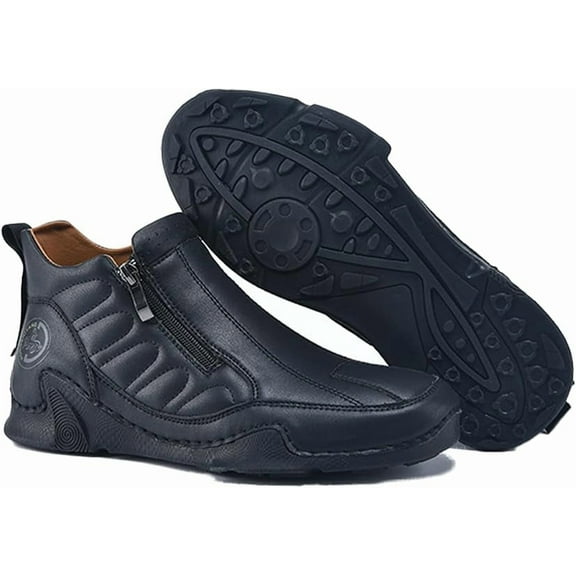 Men's Leather Slip-On Walking Ankle Boots Outdoor Non Slip Double Zipper High Top Driving Work Boots Daily Lightweight Chukka Shoes