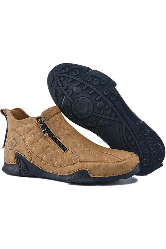 Men's Leather Slip-On Walking Ankle Boots Outdoor Non Slip Double Zipper High Top Driving Work Boots Daily Lightweight Chukka Shoes