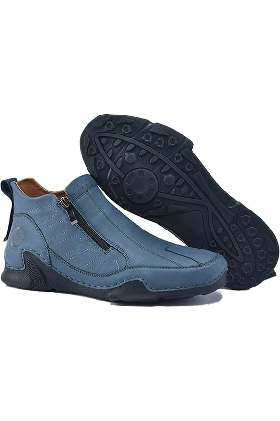 Men's Leather Slip-On Walking Ankle Boots Outdoor Non Slip Double Zipper High Top Driving Work Boots Daily Lightweight Chukka Shoes