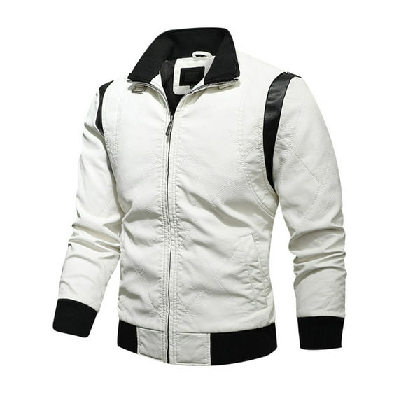 Men's Leather Stand Collar Motorcycle Colorblock Jacket, White, Size L
