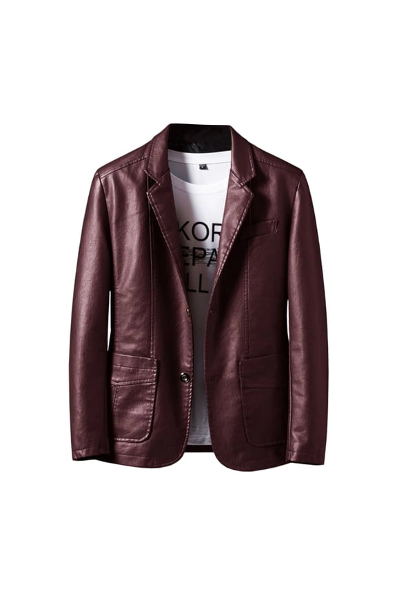 Men's Leather Suit Collar Casual Leather Jacket, Burgundy, XXXXL