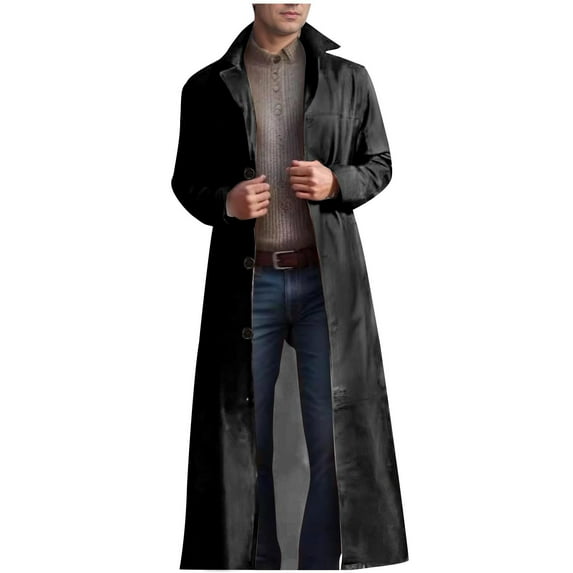 Men's Leather Trench Windproof Turndown Collar Long Plus Size Loose Coat Casual Windproof Overcoat Fashion Solid Color Buttons Coat Black XXXXL