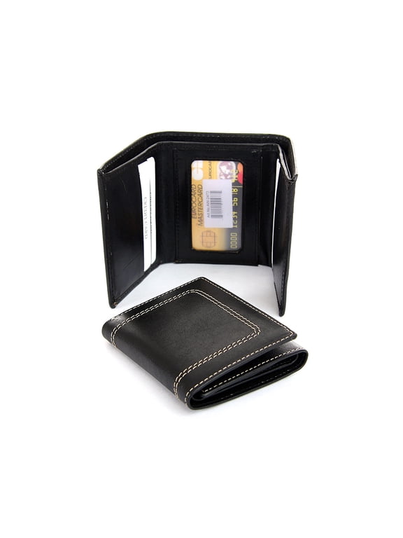 Men's Leather Trifold 4 Credit Card 1 ID Window Stitched Exterior Black Wallet 3.5 x 4 inches