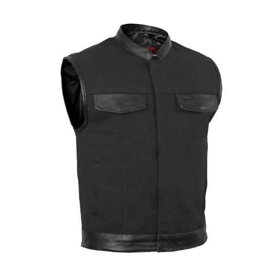 Men's Canvas Motorcycle Vest with Leather Trim – Club Style, Patch Ready, Riding Outerwear