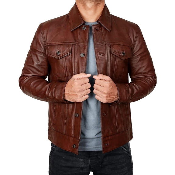 Men's Leather Trucker Jacket - Brown