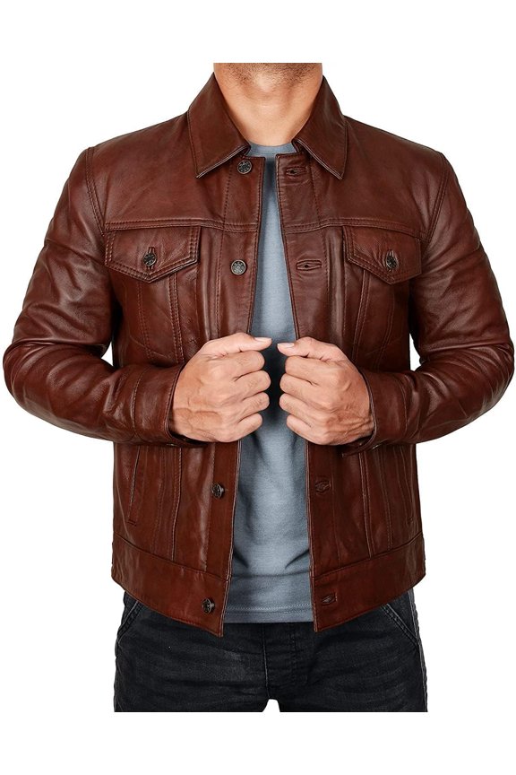 Men's Leather Trucker Jacket - Brown
