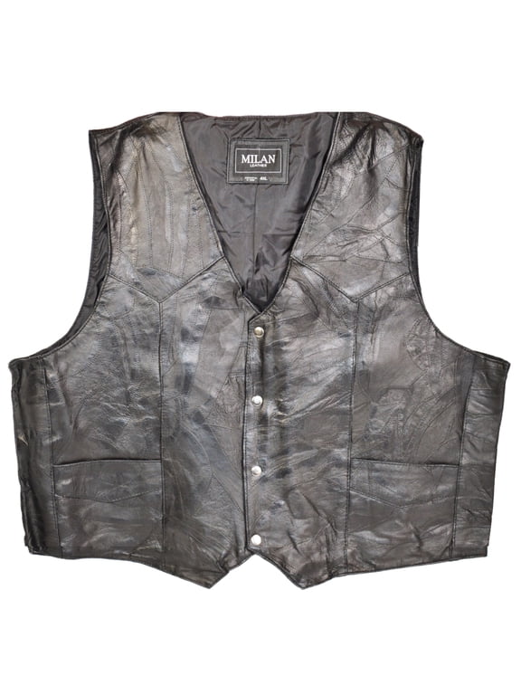Men's Leather Vest Button Up Biker Motorcycle Jacket Sleeveless Leather Top, PW802, Black, 2XL