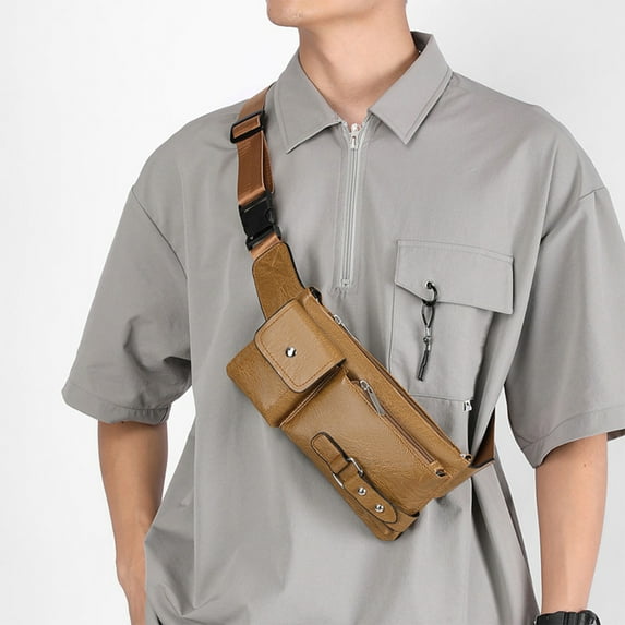 Men's Leather Waist Bag | Multi Pocket Crossbody Chest Bag | Mobile Phone Holder | Adjustable Strap, Black Brown Khaki, 24x13x3cm, Lightweight Travel Business Organizer