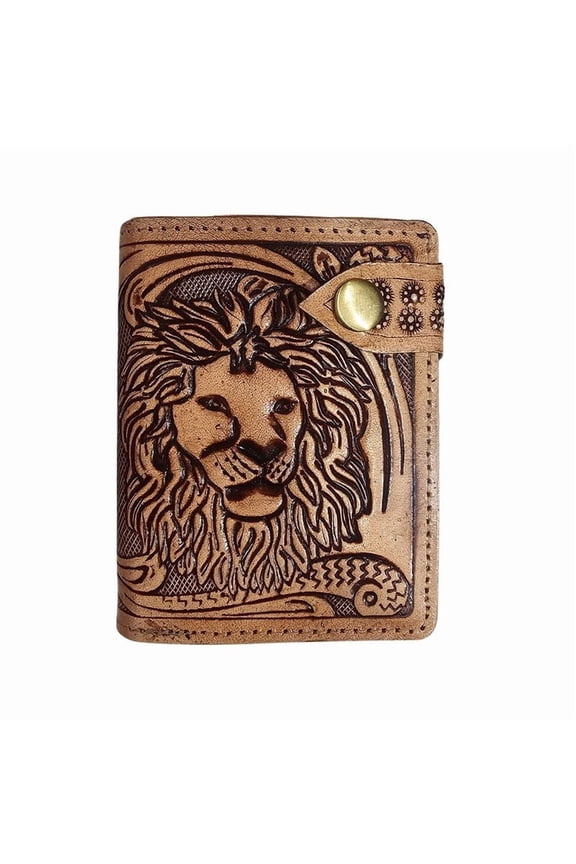 Mens Leather Wallet Bifold Handmade Genuine Leather Wallet with Lion Hand Tooled Design and Snap Button