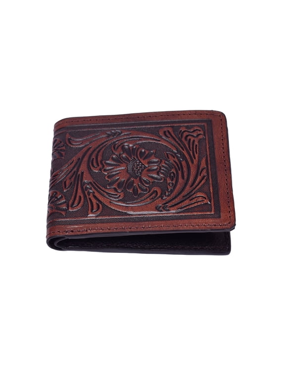 Mens Handmade Bifold Wallet Full Grain Leather Slim Western Tooled Design, Durable Everyday Card & Cash Holder for Men