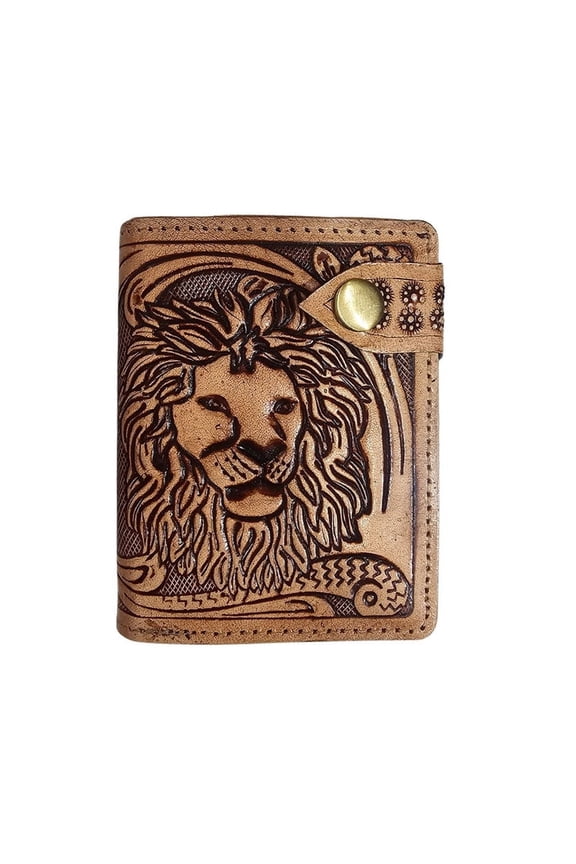 Mens Leather Wallet Bifold Handmade Genuine Leather Wallet with Lion Hand Tooled Design and Snap Button