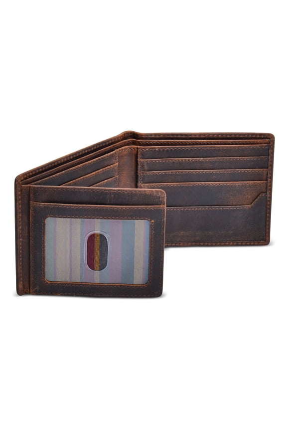 Men's Leather Wallet with RFID Blocking 2 ID Windows in Full Grain Crazy Horse Leather A101