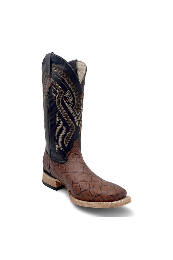 Men’s Leather Western Boot Pirarucu Fish Print Square Toe Mid Calf