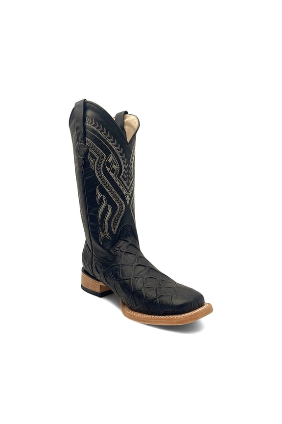 Men’s Leather Western Boot Pirarucu Fish Print Square Toe Mid Calf