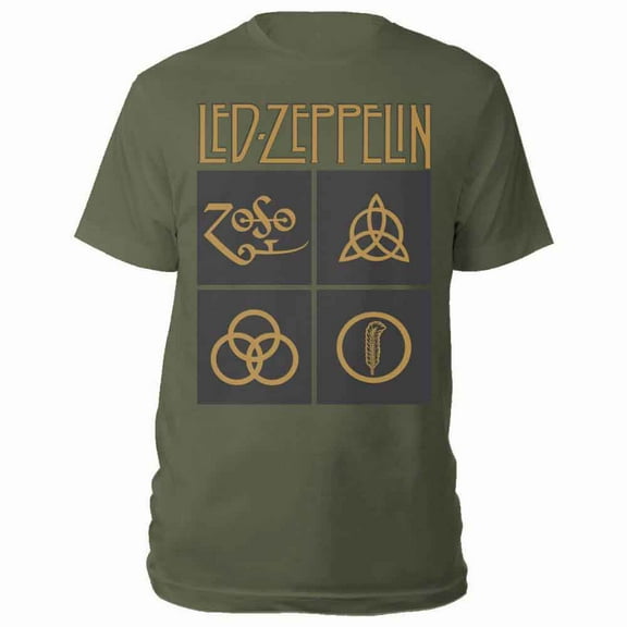 Men's Led Zeppelin Gold Symbols In Black Square Slim Fit T-shirt Medium Green