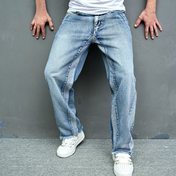 Men's Leg Baggy Jeans Light Blue Splice Jeans Zipper Wash Elastic Trend Outdoors Trousers Denim Pants for Men Light Blue4 S