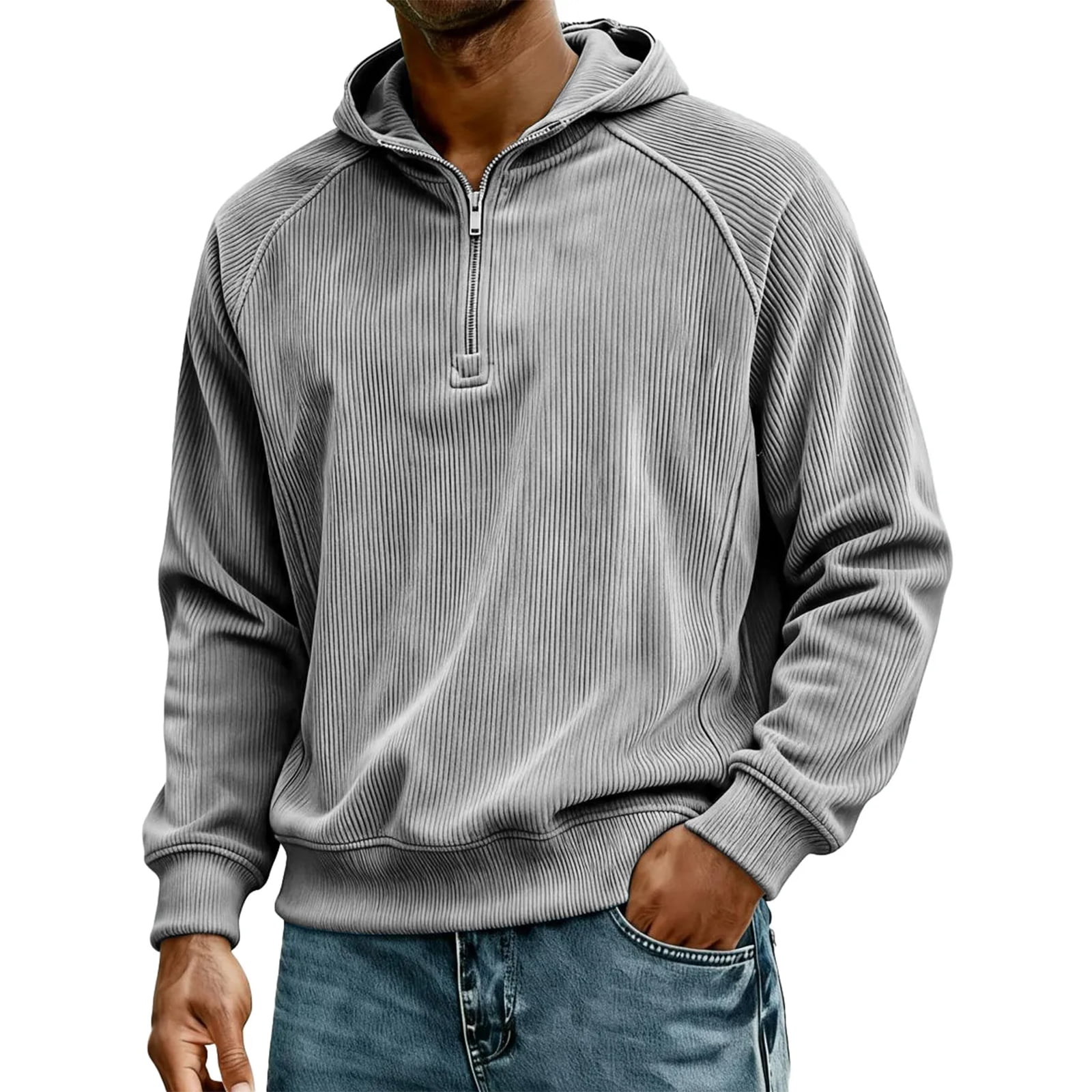 Men's Leisure Corduroy Raglan Half-Zip Hoodie - Classic Gray Style ...