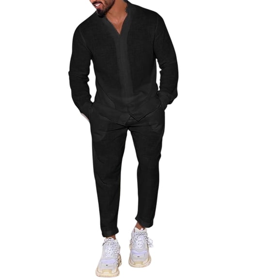 Men's Leisure Fashion Flax Long Sleeves Workwear Trousers Two Pieces Set for Smart Casual Wear and Durable Utility in Daily Activities,Black,L