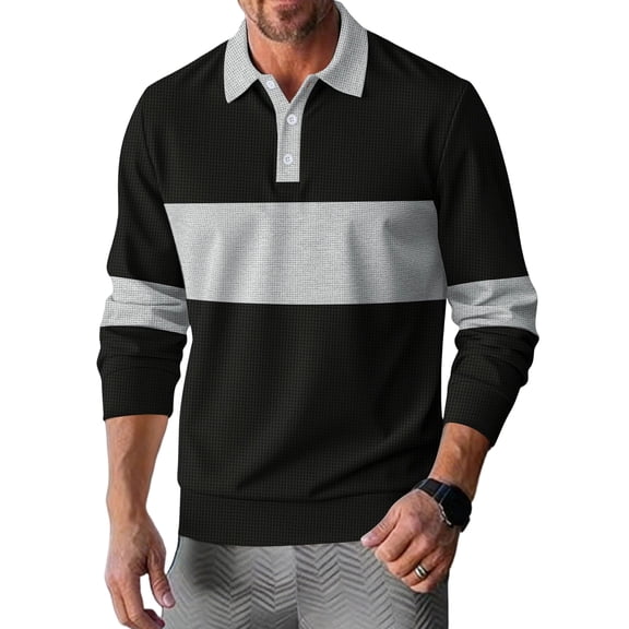 Men's Leisure Fashion Monochrome Shirt with Waffle Striped Polo Design, Casual Upper Garment for Everyday Wear and Stylish Outfits,Black,2XL