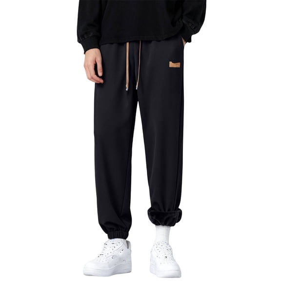 Men's Leisure Loose Sports Sweatpants Trousers with Fleece Lining and Cuffed Ankles for Winter Warmth, Casual Wear and Cold Weather Activities,Black,L