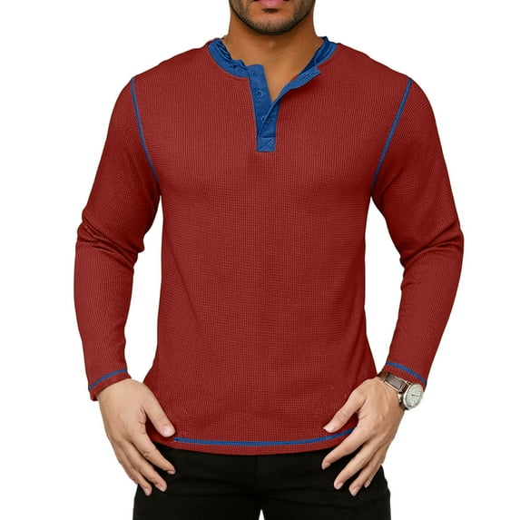 Men's Leisure Retro Waffle Henry Shirt Long Sleeve Top, Casual Vintage Style Upper Garment for Relaxed and Everyday Use,Wine,M