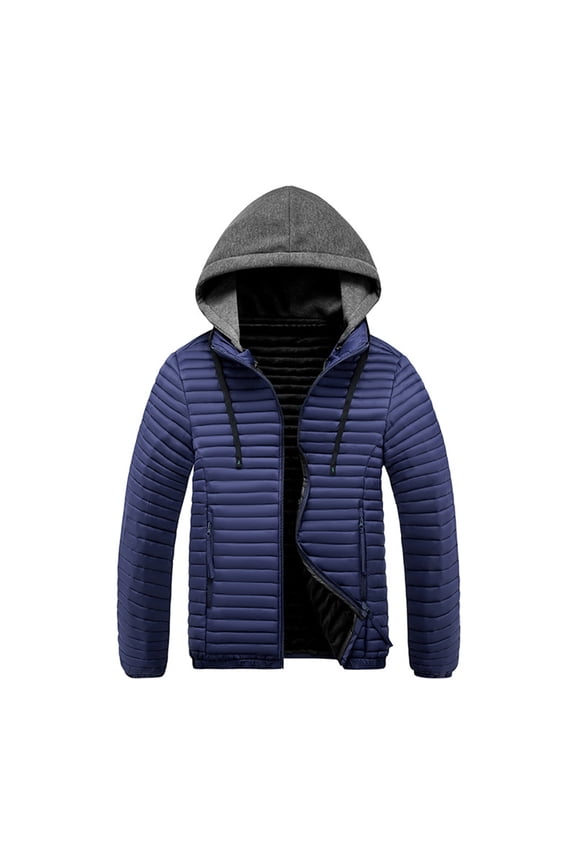 Men's Leisure Thin and Light Pork Rib Garment Hooded Cotton-Padded Jacket Coat for Lightweight Winter Comfort and Easy Layering with Hood and Warm Fill,Blue,XL